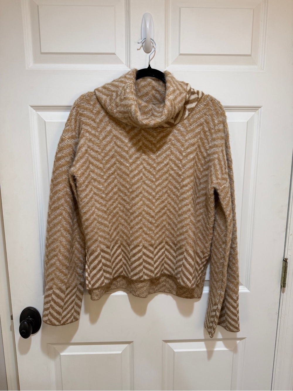 Veronica Beard Chevron Cowl Neck Sweater in Cream & Tan